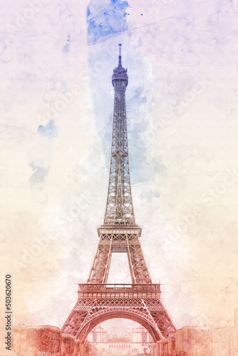 Obraz na płótnie Watercolor illustration of the Eiffel Tower in Paris, in the color of the French