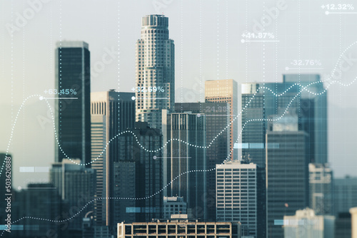 Multi exposure of abstract virtual graphic data spreadsheet sketch on Los Angeles cityscape background, analytics and analysis concept