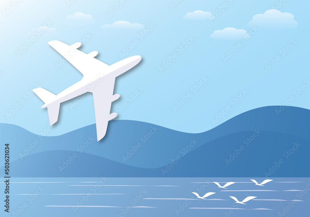 Naklejka premium White paper airplane flying in the sky background with mountains, seagull and sea. Travel by air transport concept. shadow overlay. space for the text. illustration paper cut design style.