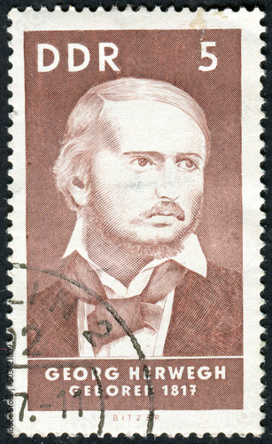 GERMANY - CIRCA 1967: Postage stamp shows a portrait of Georg Herwegh, a German poet