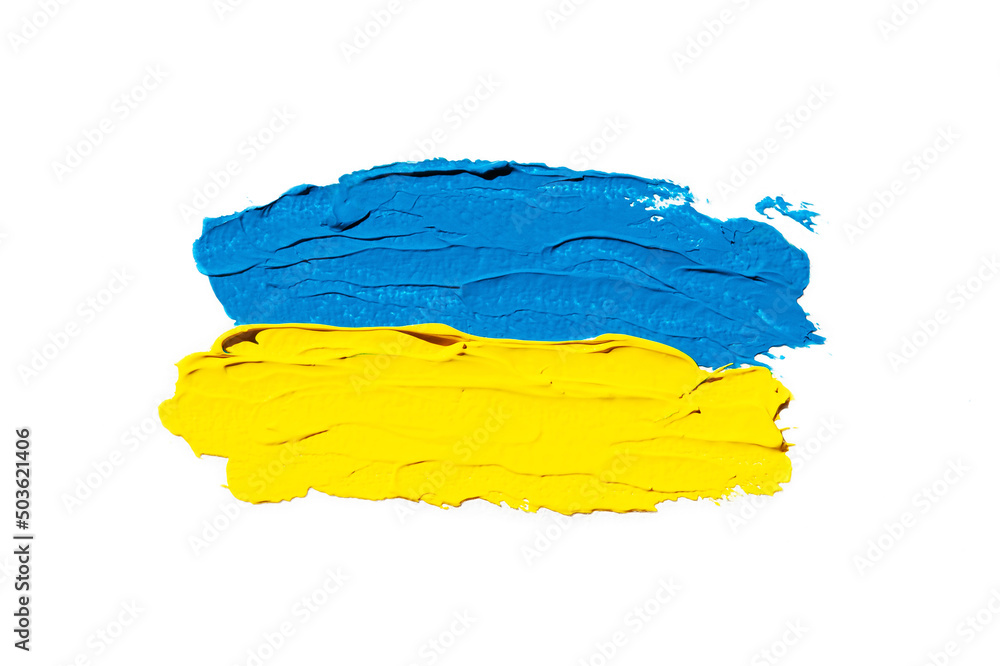 Fototapeta premium Brush stroke with Ukraine national flag. Oil painting flag in yellow and blue colors. Symbol, poster, banner of national flag. Independence Constitution day, Love Ukraine. Isolated on white background