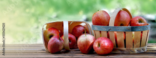 group of red apples in little basket on a wooden table in garden on green bac...