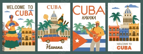 Cuba Havana journey banner or poster templates set, flat vector illustration.