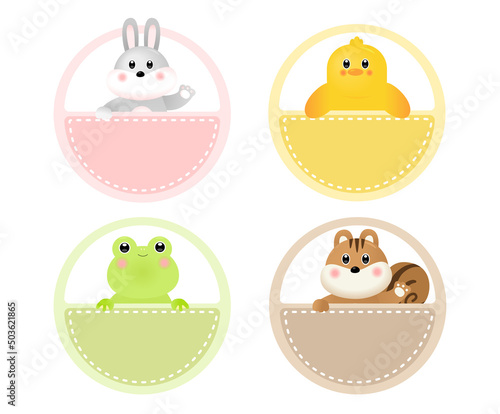 A collection of name tags and memos with cute animal drawings illustration set. daycare, kid, rabbit animal, memo, sticker. Vector drawing. Hand drawn style.