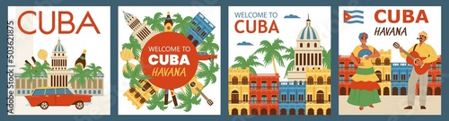 Welcome to Cuba advertising banner or tourist cards, flat vector illustration.