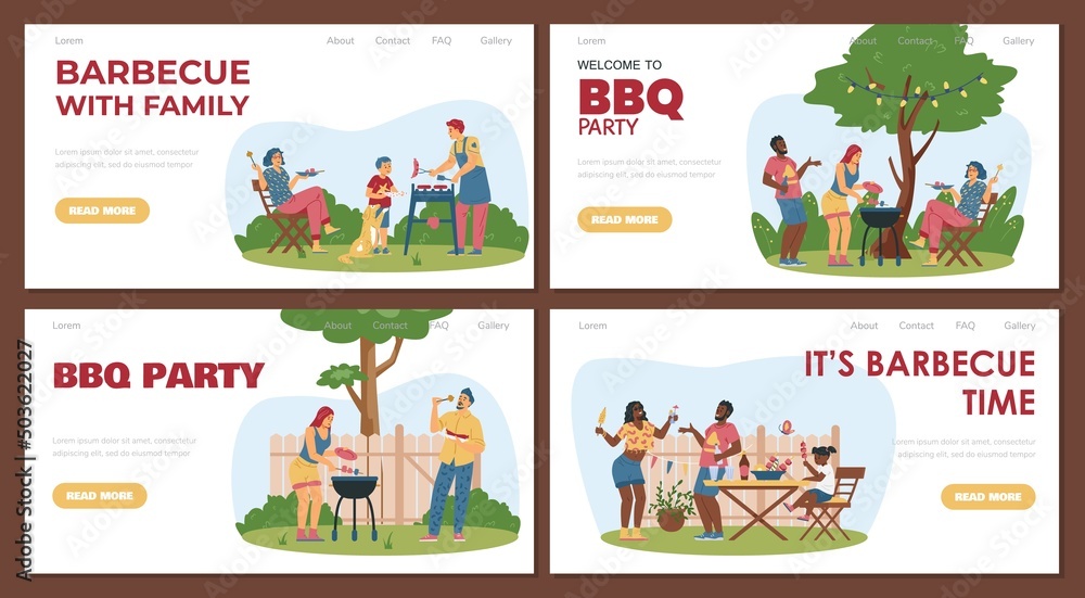 Fototapeta premium Barbecue party at the home backyard, flat vector illustration. Black family with mom, dad and kid eat food at the garden