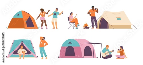Tourists on summer campground with tents, flat vector illustration isolated.
