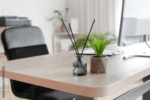 Reed diffuser and houseplant on wooden standing desk in light room