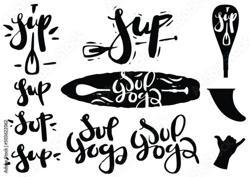 Stand-up paddle boarding - SUP design logo. SUP and SUPyoga lettering. Vector illustration