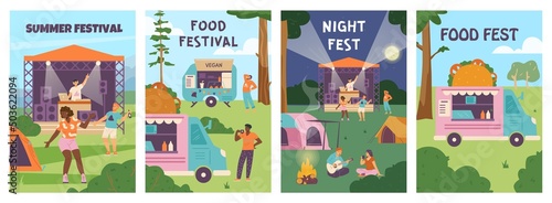 Summer food festival event, people eat vegan meals by the truck and listen to music, poster flat vector illustration.