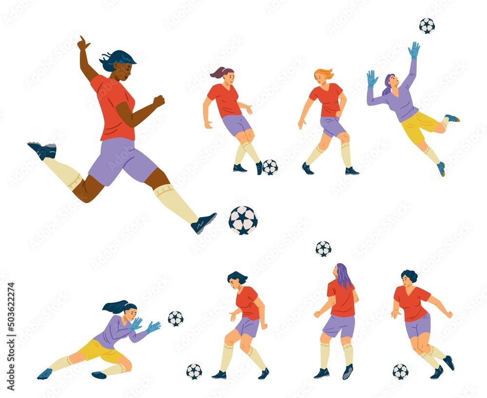 Woman soccer player team, vector set. Black or Indian female soccer player kick the ball, goalkeeper save the shot.