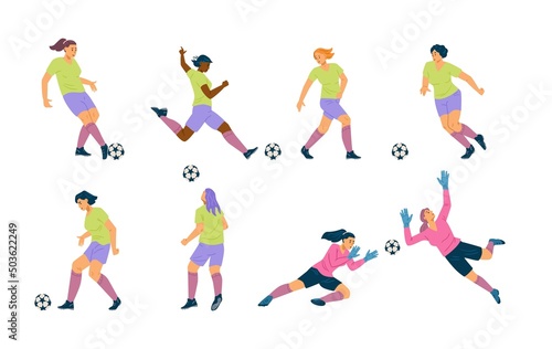 Woman soccer player team, flat vector set. Girl play football cartoon illustration, diverse players. photo