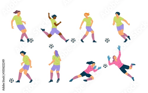 Woman soccer player team, flat vector set. Girl play football cartoon illustration, diverse players.