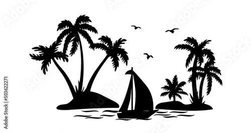 sail and palm trees  vector illustration. sea, sail and silhouette of palm trees vector. sail and ocean vector logo silhouette