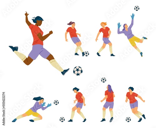 Woman soccer player team, vector set. Black or Indian female soccer player kick the ball, goalkeeper save the shot.