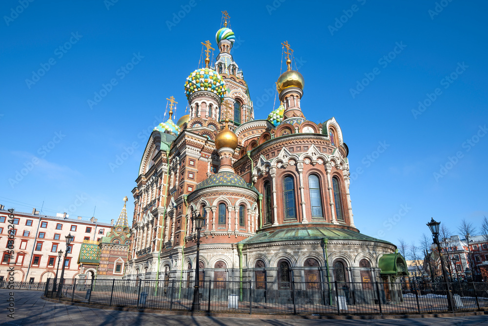 The ancient Cathedral of the Resurrection of Christ (Savior on Spilled Blood) on a sunny April morning. Saint Petersburg, Russia