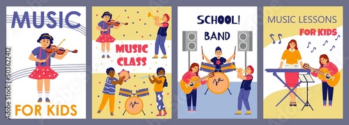 Music lessons and classes for kids banners, flat vector illustration.