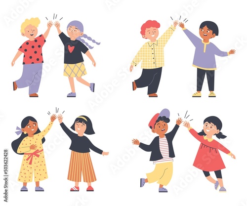 Kid high five cartoon flat vector illustration. Diverse kids give high five. Asian, black and hispanic boys and girls