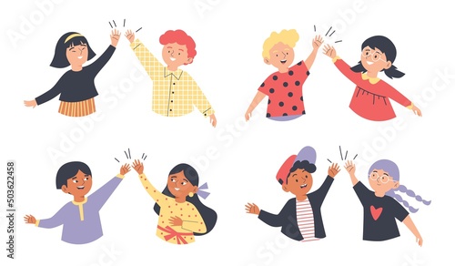 Kids clapping hands and greeting with high five, vector illustration isolated.