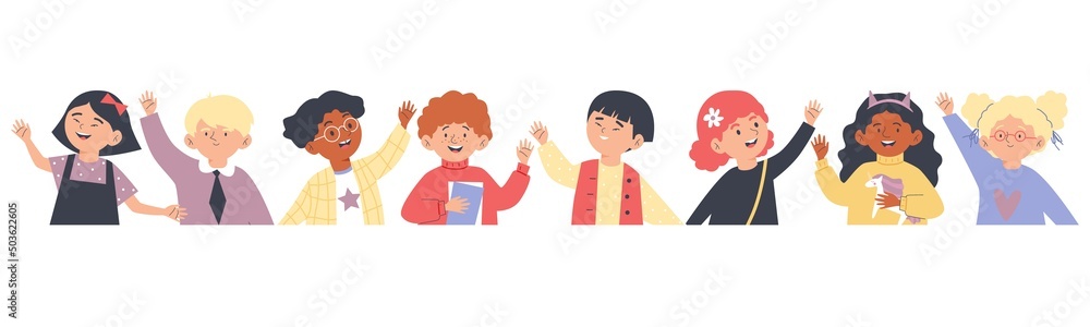 Diverse kids hand wave hello, cartoon cute vector border. Asian, black and white children waving bye illustartion. Diverse kids hand wave hello, cartoon cute vector border. Asian, black and white children waving bye illustartion.
