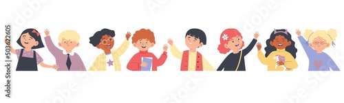 Diverse kids hand wave hello, cartoon cute vector border. Asian, black and white children waving bye illustartion.