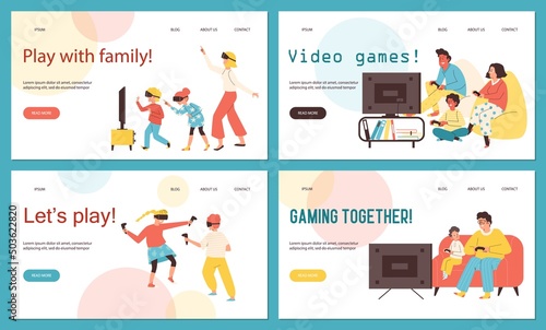 Happy family with kids playing video games together - landing page template, flat vector illustration.