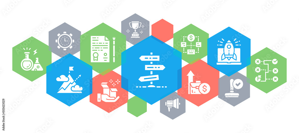 Naklejka premium Start up web banner. Time management, idea generation, presentation vector horizontal line icons illustration.