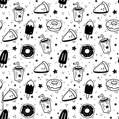 Fast food pattern. Hand drawn fast food desserts icons. Sketch of sweet snack elements - ice cream, donuts, pie, drink, milkshake. Fast food illustration in doodle style. Fast food collection.