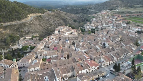 Aerial views from Rubielos de Mora, Teruel, Aragón, Spain. Drone is flying near the town during the sunset