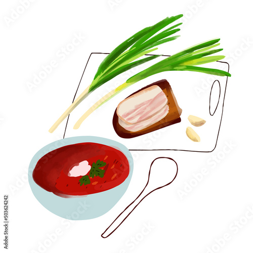 Illustration of ukrainian lunch cuisine borscht with rye bread with bacon, green onions and garlic