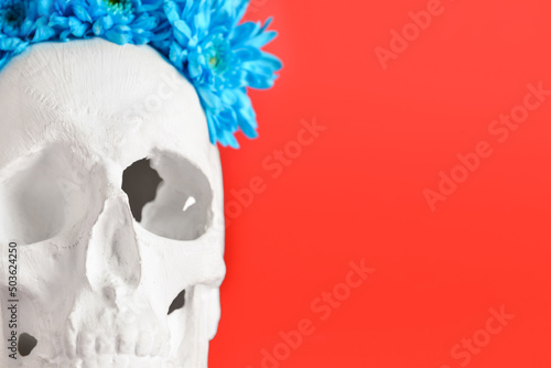 Fototapeta Naklejka Na Ścianę i Meble -  Human skull with flowers on red background, closeup