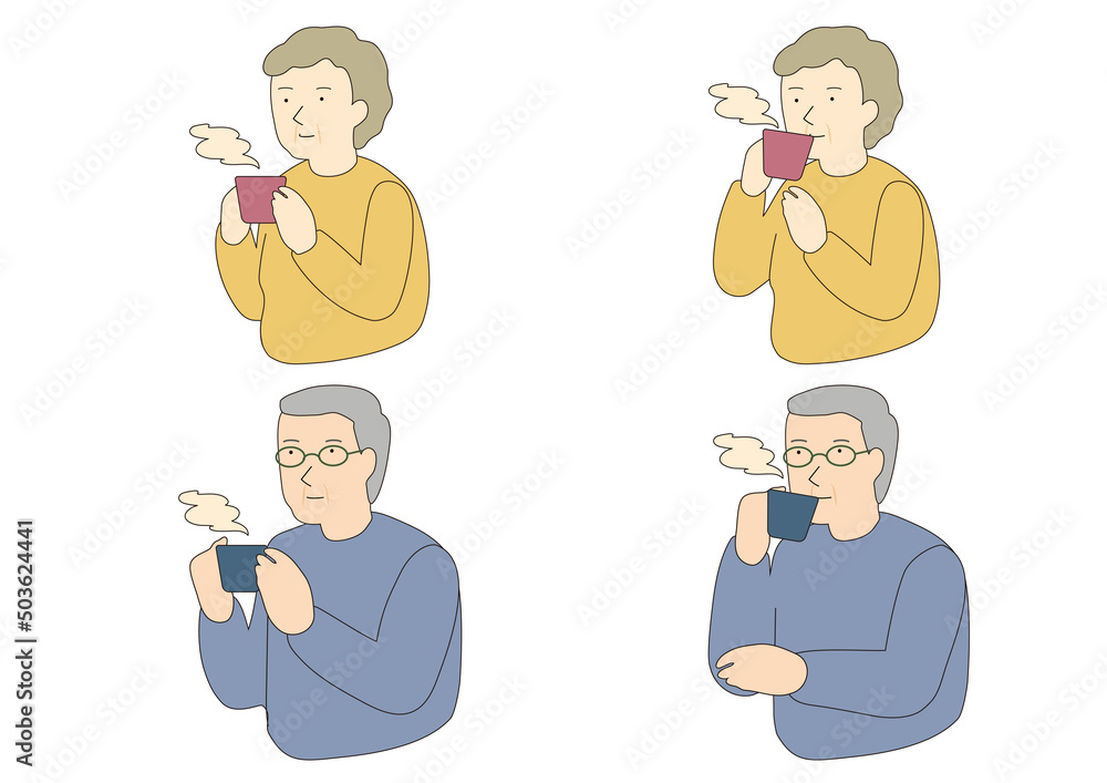 マグカップで湯気が上がる飲み物を飲む中高年男女セット　線画