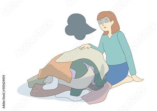 洗濯物の多さに気が遠くなりため息をつく女性　線画