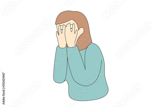 目を手で覆うが隙間から覗く女性　線画