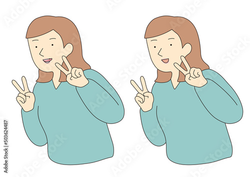 ダブルピースで喜ぶ女性　線画