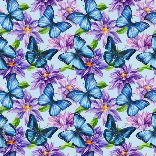 Flowers and butterflies. Design for wallpaper  wrapping paper  background  fabric. Watercolor clematis seamless pattern