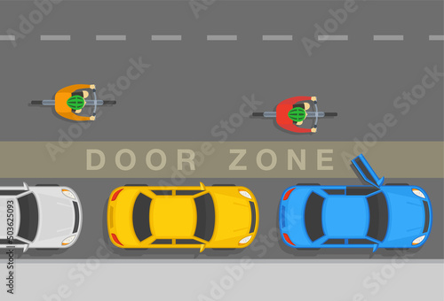Safe bicycle riding and traffic regulation rules. Top view of a bicycles on a city road. Be careful, avoid the door zone. Flat vector illustration template.