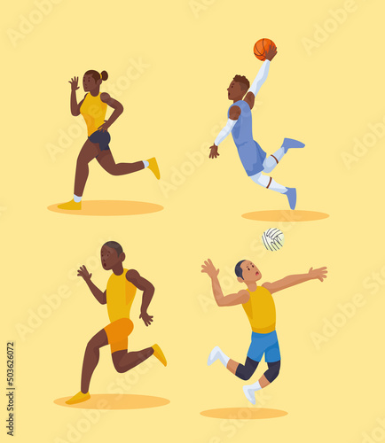 four athletes practicing sports