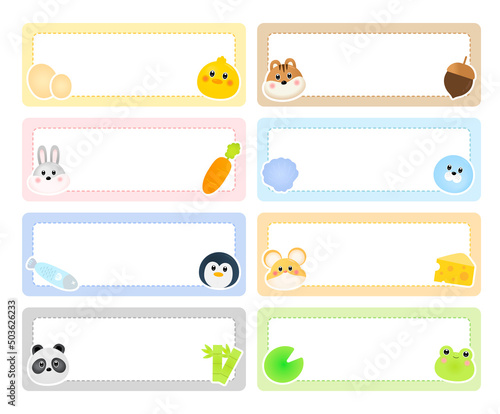 A collection of cute animal label stickers illustration set. Memo, paper, kindergarten, name tag, kid icon. Vector drawing. Hand drawn style.
