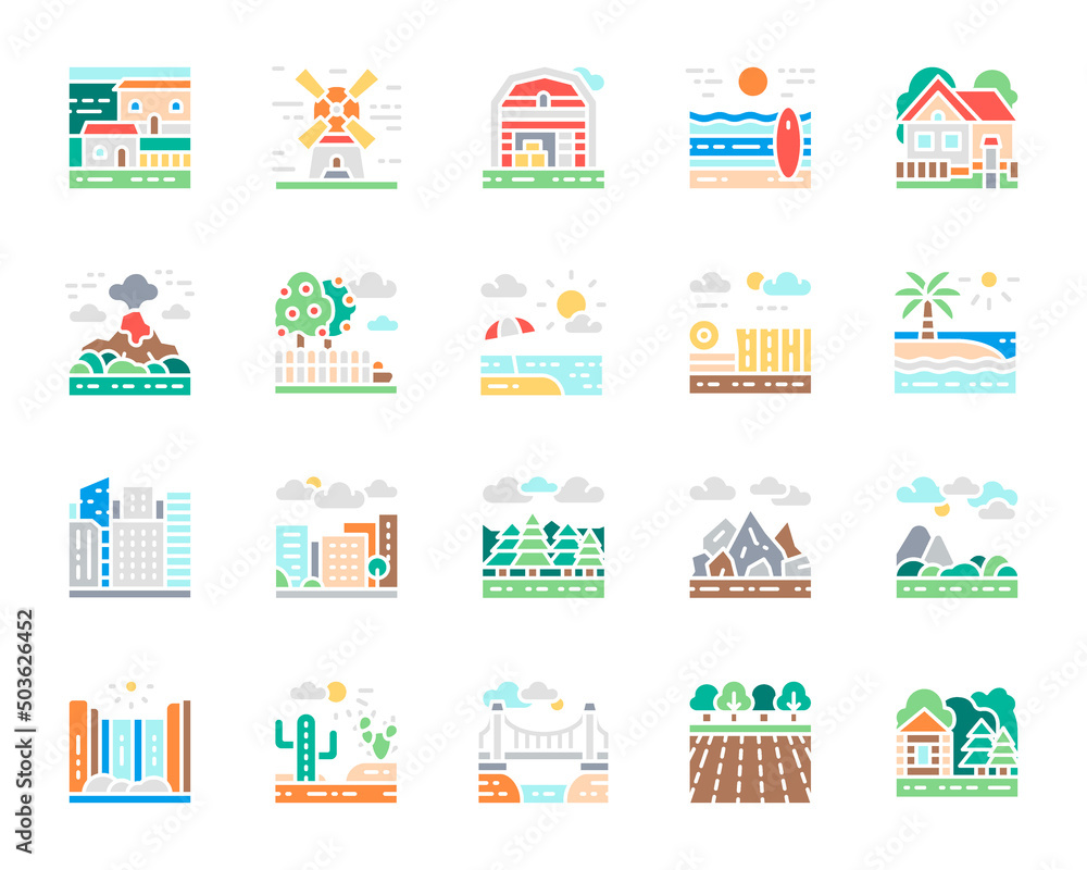 Set of Landscape white icon. Bridge, Desert, Forest, Garden, Volcano, Windmill and more.