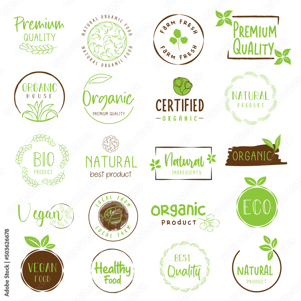Organic food, natural food, healthy food and organic or natural product logos, icon, badges and stickers collection for food and drink market, ecommerce, organic products, natural products promotion. Organic food, natural food, healthy food and organic or natural product logos, icon, badges and stickers collection for food and drink market, ecommerce, organic products, natural products promotion.