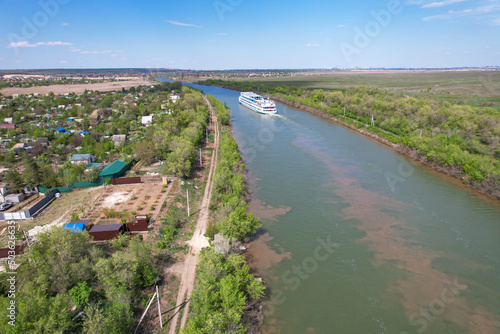 A cruise liner with tourists is being locked in the Volga-Don Shipping Canal named after Lenin. Volgograd. Russia