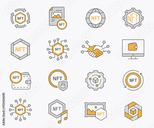 NFT icon set. Collection of blockchain, cryptocurrency, innovation, coin and more. Vector illustration.