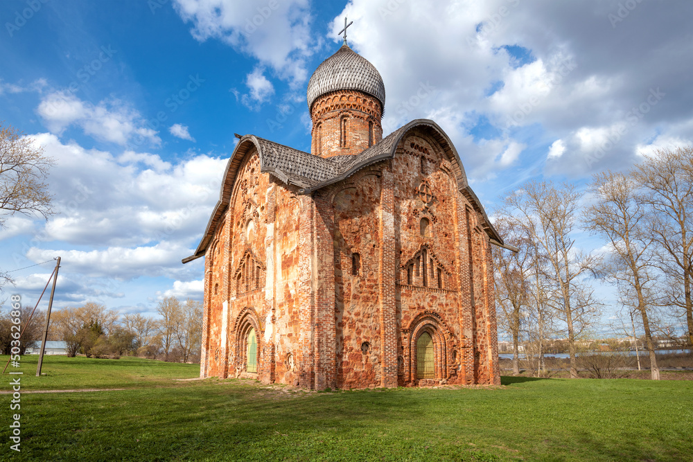 Church of Peter and Paul in Kozhevniki (1406) on a sunny May day. Veliky Novgorod, Russia