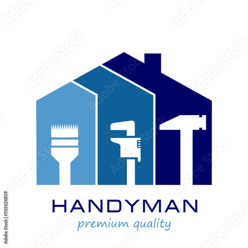 Handyman Service Logo Template Design.  Vector graphics for fixing, plumbing, renovation tools in trendy line style.  Silhouette Home with brush, wrench, hammer. EPS10.