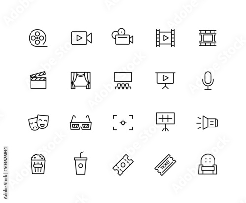 Movie, Musical linear icons and color icons. theater, popcorn, focus, ticket, coupon. Set of cinema, tape, media symbols drawn with thin contour lines. Vector illustration.