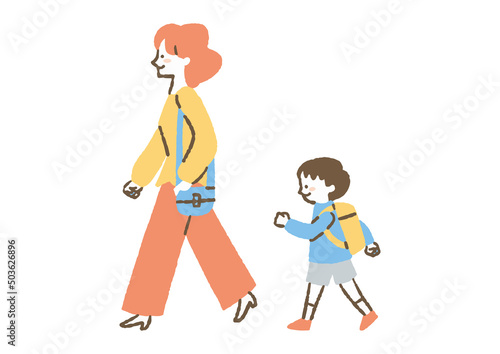 歩いているお母さんと子ども_色