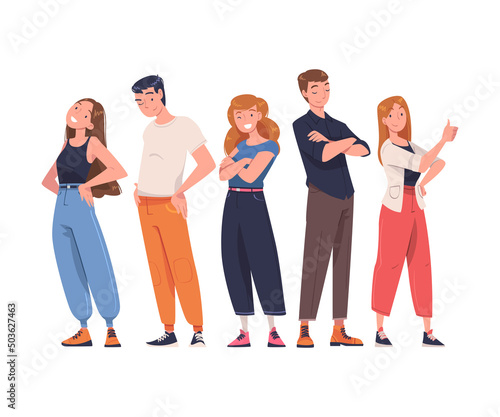 Team with Young People Character Standing Together with Folded Arms and Smiling Vector Illustration