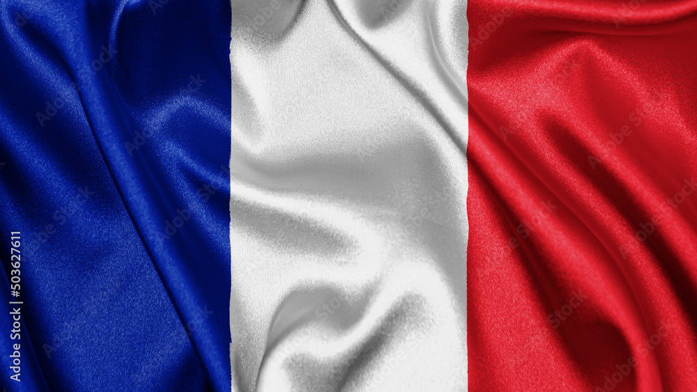 Obraz premium Close up realistic texture fabric textile silk satin flag of Saint Martin waving fluttering background. National symbol of the country. 11th of November, Happy Day concept