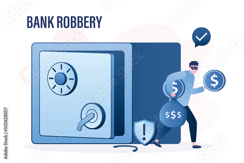 Robber take money out of well-protected bank. Bandit are robbing banking system. Hacker picked up keys and passwords to banking system or user account. Crime, illegal activities.